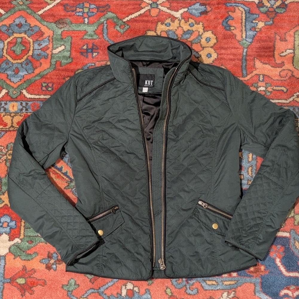 Kut From The Kloth Women's Hunter Green Canvas & Black Quilted Jacket Sz XS